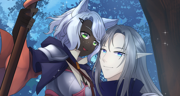An elf guy with silver hair and icy blue eyes holds a black and white catgirl close in a sunny forest.