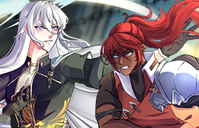 A silver-haired mage casts magic at something on the right, offscreen while a redhead-dark skinned knight draws his sword, darting to the left.