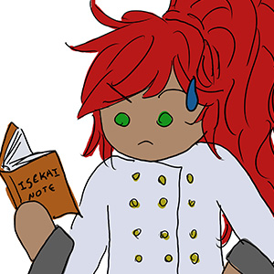 Reed looking at his notebook, the front of which says "Isekai Note"